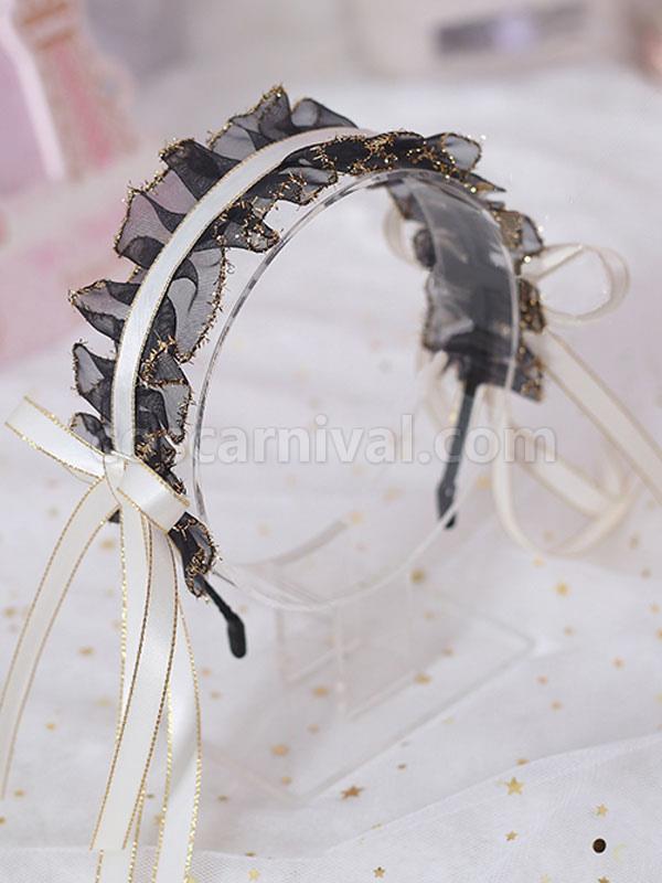 Classic Lolita Headdress Ruffle Lace Bow Black Lolita Hair Accessory coscarnival