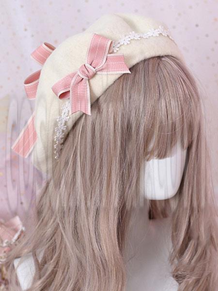 Sweet Lolita Beret Bow Floral Wool Lolita Hat coscarnival