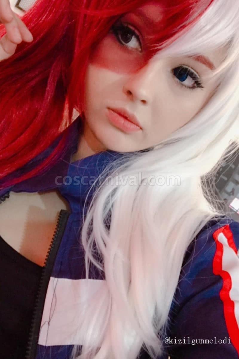 my hero academia shoto todoroki woman red and white mixed long wigs custom costume