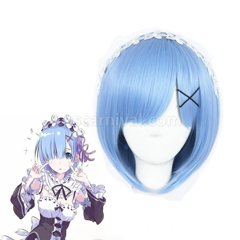 rezero starting life in another world rem wigs synthetic wigs short light blue bob hair wigs custom cosplays